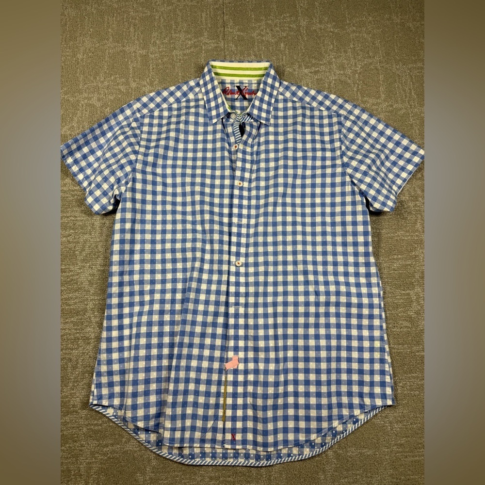 Robert Graham Blue White Checkered Short Sleeve Button Down Shirt Mens Read